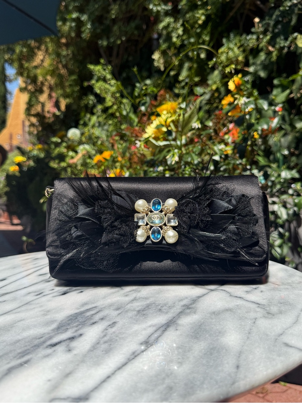 NWT Chanel Pearl, Feathers and Jewel Embellished Black Satin Evening Clutch